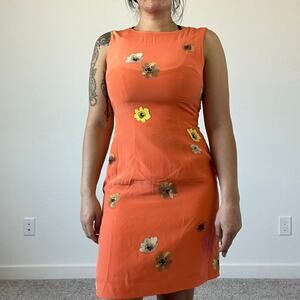 90s Casual Corner Sleeveless 100% Silk Orange Sheath‎ Dress Floral Retro Mini